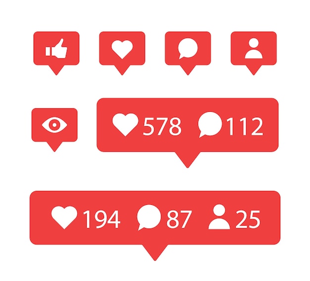 Vector social media notification icons in 3d speech bubble like love comment follower seen icon