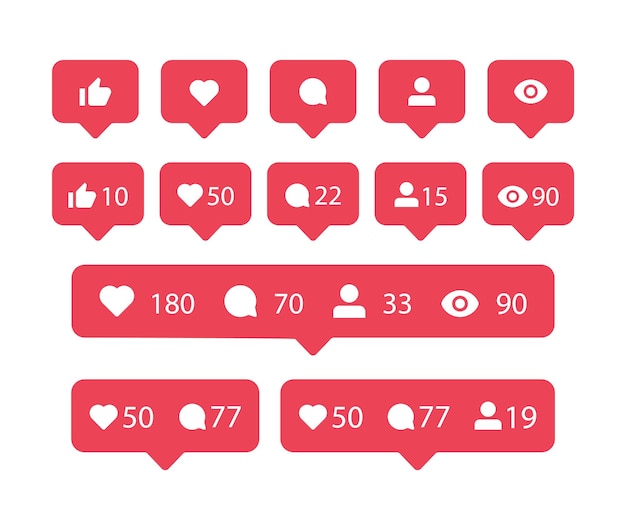 Vector social media notification icons in instagarm speech bubbles like love comment share follower seen