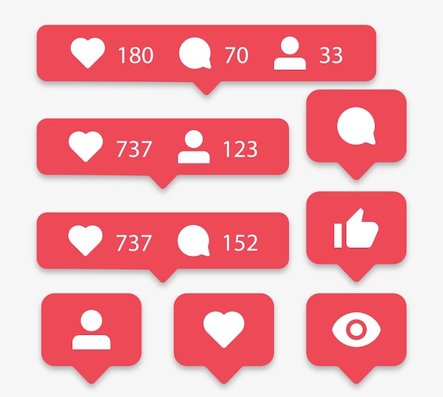 Vector social media notification icons in speech bubbles like love comment share follower seen