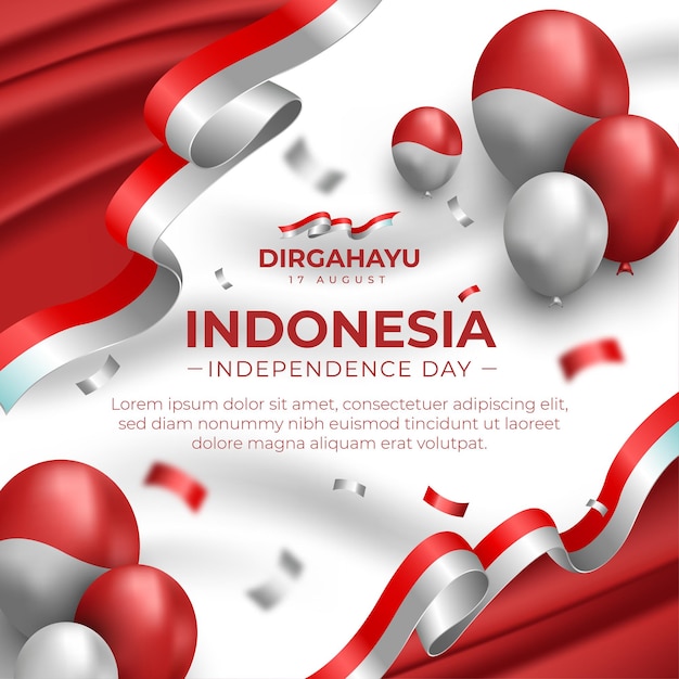 Social Media Posts Indonesian Independence Day With Balloons and Red and White Ribbons