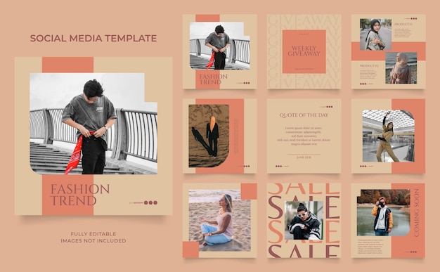 Social media template banner fashion sale promotion in red brown color fully editable instagram and facebook square post frame puzzle organic sale poster