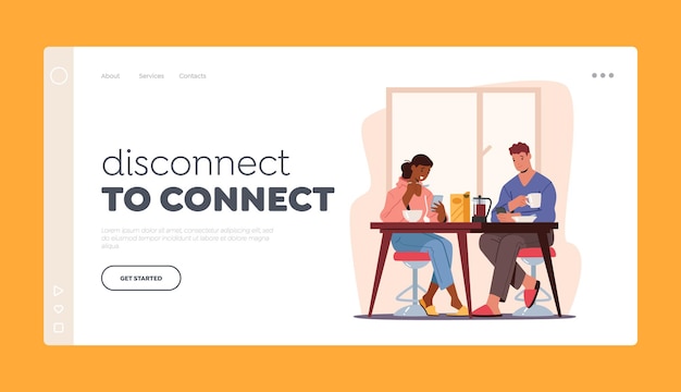 Social Network Communication Landing Page Template. Couple Have Breakfast with Smartphones in Hands. Man and Woman Characters Relax at Home with Digital Devices. Cartoon People Vector Illustration