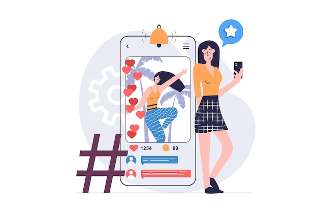 Vector social network concept in modern flat design for web woman posting her new photo in online blog getting new follower subscriptions heart reactions and audience comments vector illustration