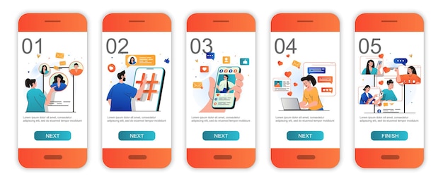 Vector social network concept onboarding screens for mobile app templates users communicate online