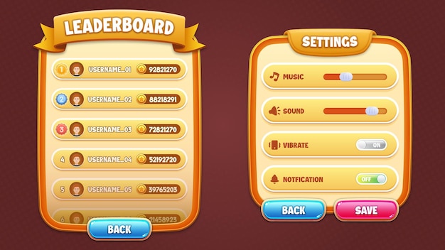 Vector soft style game ui vector set - leaderboard and settings popup, buttons with editable text effect