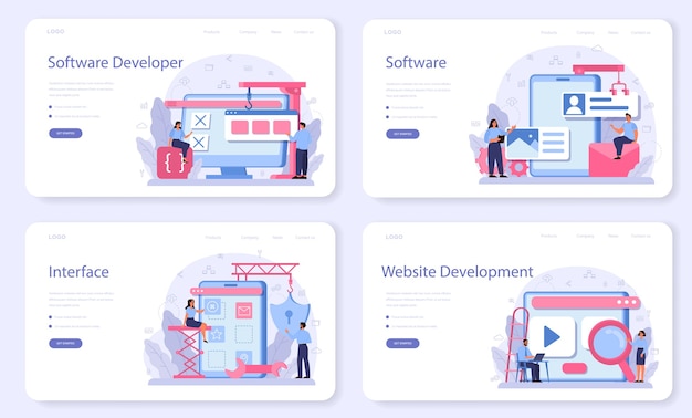 Vector software developer web banner or landing page set