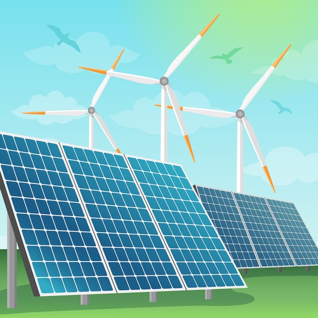 Solar batteries and windmills   illustration