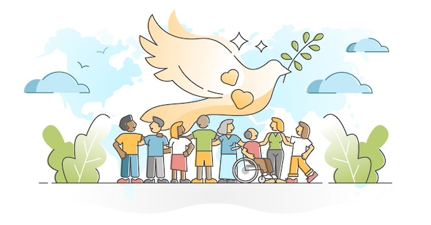 Solidarity as community social group diversity acceptance outline concept. Together as one in peace and unity vector illustration. Dove peace symbol with different orientation, race and ethnic people.