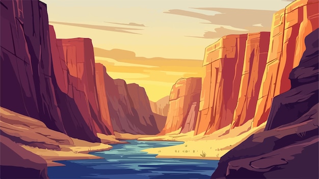 Vector soothing vector illustration of canyon with river