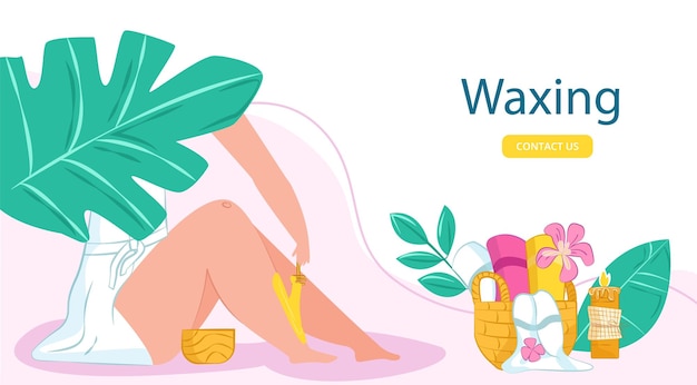 Vector spa massage waxing at beauty salon web page vector illustration body health care by cartoon skin therapy with wax stones landing banner