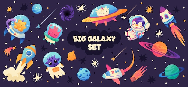 Vector space cartoon set with astronaut penguin aliens spacecraft planets on space background galaxy adventure vector illustration