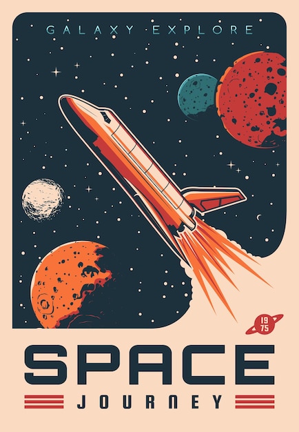 Vector space journey with shuttle spaceship retro banner