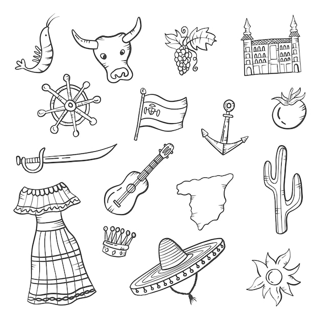 Spanje land natie doodle hand getrokken set collecties met overzicht zwart-wit stijl vectorillustratie