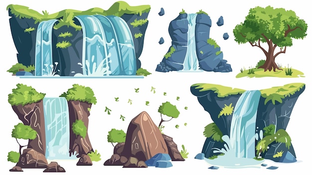 Vector spectacular nature waterfall set isolated waterfalls carto