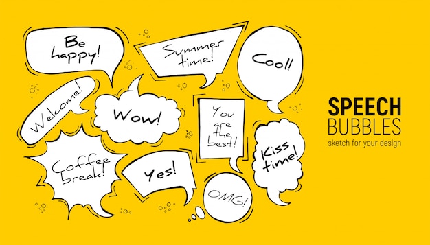 Vector speech bubbles in rectangle, circle, oval, cloud, square, explosion forms.