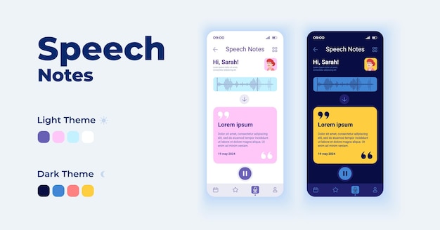 Speech notes cartoon smartphone interface vector templates set. Mobile app screen page day and dark mode design. Audio message. Text notifications. Messanger UI for application. Phone display