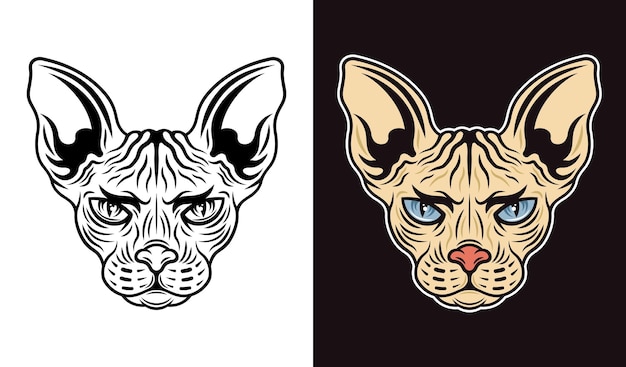 Sphynx cat head vector two styles illustration black on white and colored on dark background