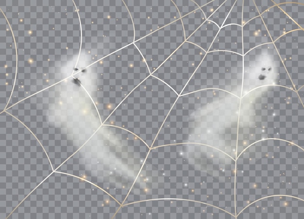 Vector spider web and flying ghosts isolated on transparent background vector illustration