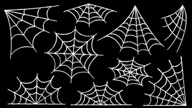 Spider web set. Halloween decoration with spiders. A creepy spider web in an abandoned place. Outline and line isolated vector illustration.