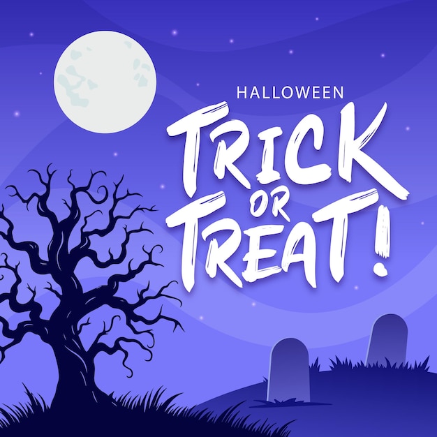 Vector spooky halloween trick or treat poster with full moon and graveyard