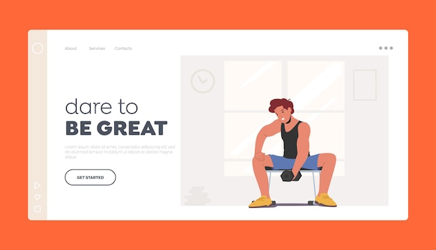 Sport Activity, Fitness Landing Page Template. Sportsman Powerlifter Training with Dumbbell in Gym. Male Character in Sportswear Workout with Weight, Bodybuilding Exercise. Cartoon Vector Illustration