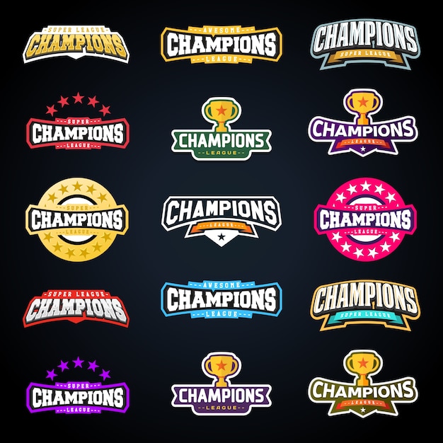 Vector sport champion or champions league emblem typography set