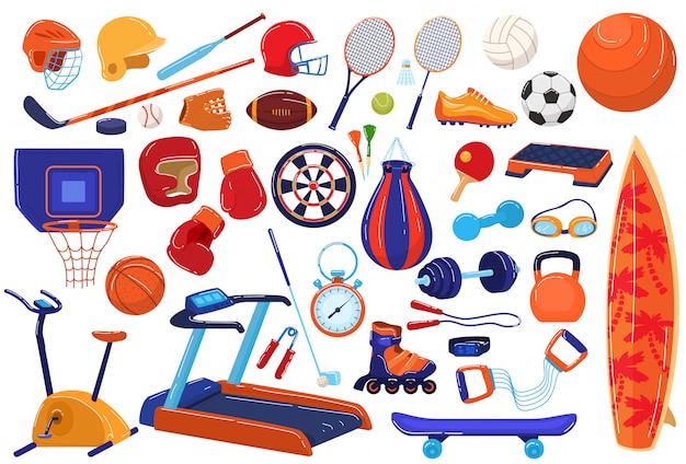Vector sport equipment  illustration icon set, cartoon  sportsman collection with ball racket for soccer baseball, football game, tennis