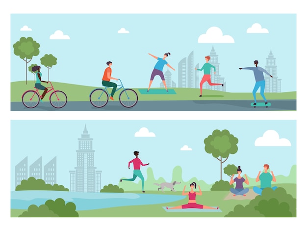 Vector sports people in the city park. outdoor activity, international people riding bicycles, running, doing yoga  illustration