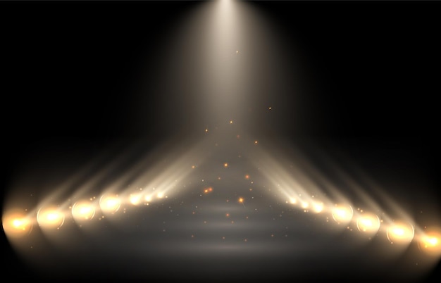 Vector spotlights background with smoke and sparkles on a black background