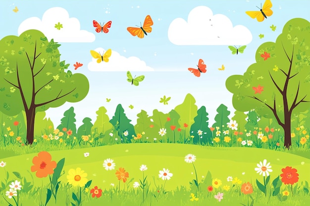 Vector spring background with trees and flowers