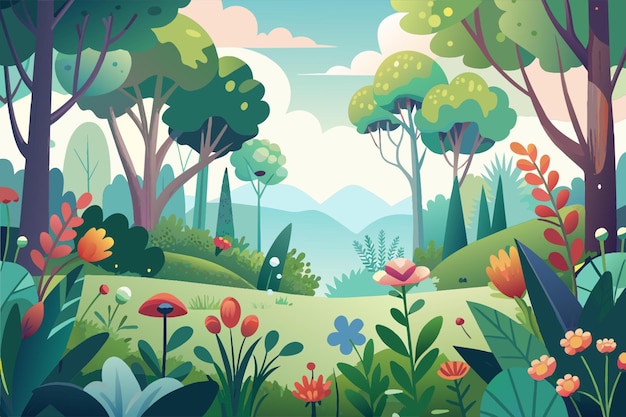 Vector spring forest garden and meadow with flowers grass and leaves in the style of cartoon vector