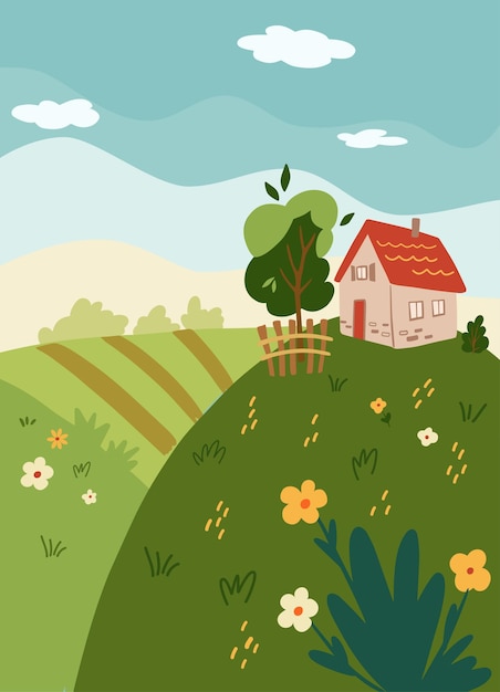 Spring landscape Beautiful Rural landscape with a house fields and flowers  Background for banner greeting card poster and advertising Vector cartoon illustration