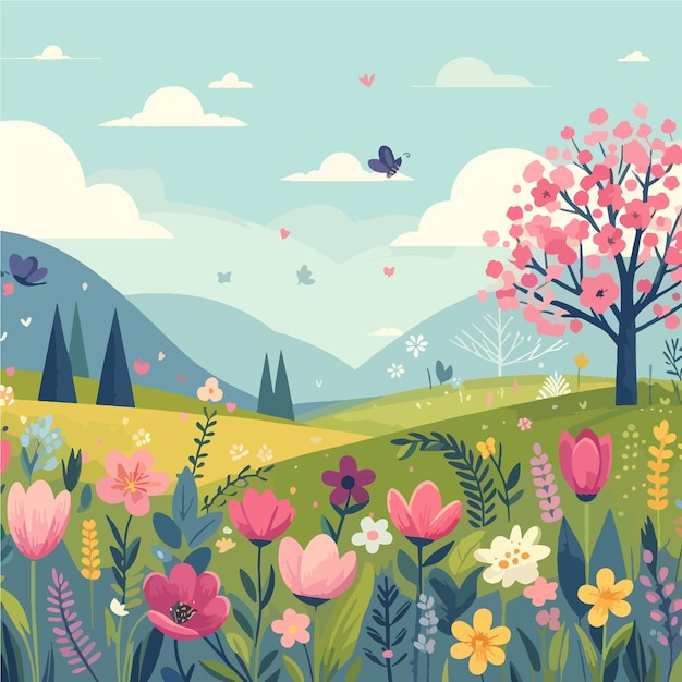 Vector spring landscape flowers background flat vector illustration