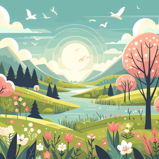 Vector spring landscape flowers background flat vector illustration