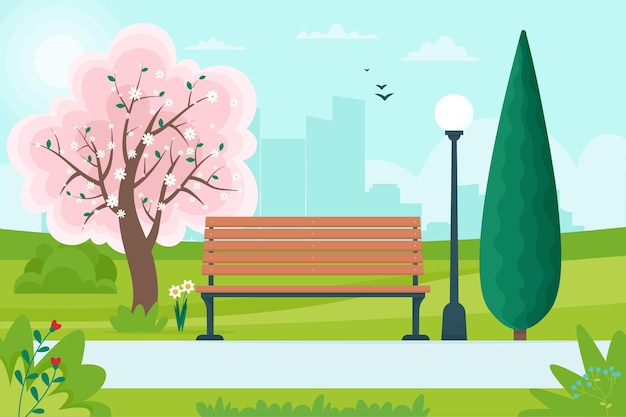 Vector spring landscape with bench in the park and a flowering tree. illustration in flat style