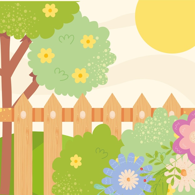 Spring landscape with flowers fence tree and sun design, Season natural floral ornament garden and decoration theme  illustration