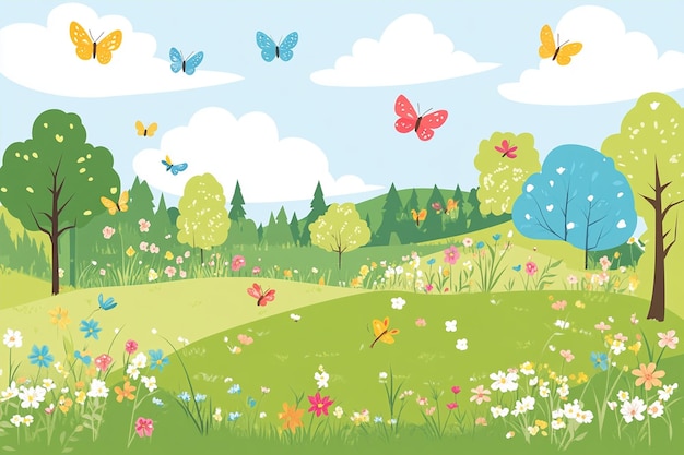 Vector spring landscape with flowers illustration