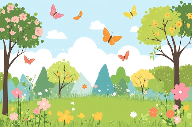 Vector spring landscape with flowers illustration