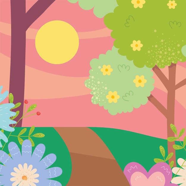 Spring landscape with flowers trees sun and road design, Season natural floral ornament garden and decoration theme  illustration