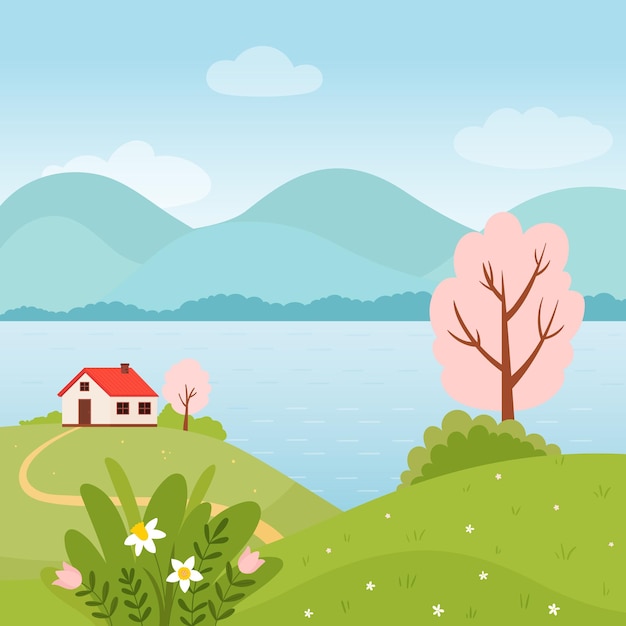 Spring landscape with house river flowers and trees Vector illustration in a flat style