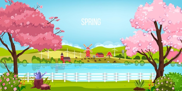 Spring landscape with river, blooming sakura trees, mill, meadow and hills.