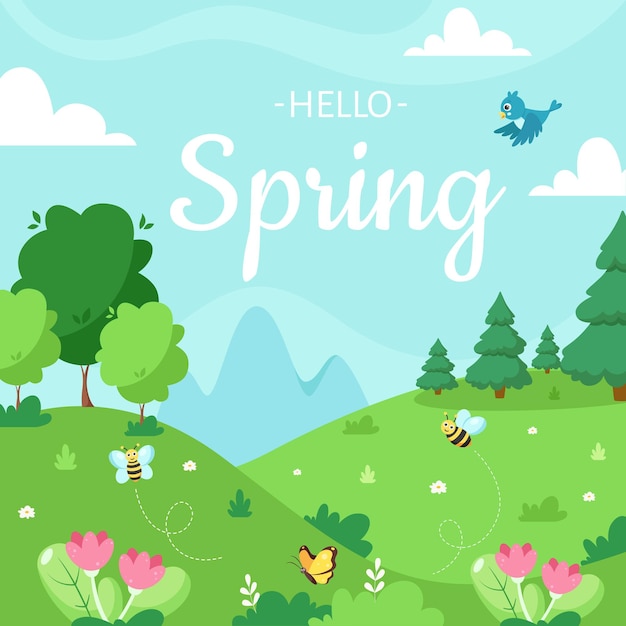 Spring landscape with trees illustration design