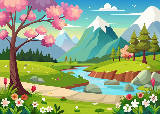 Vector spring scene landscape vector illustration