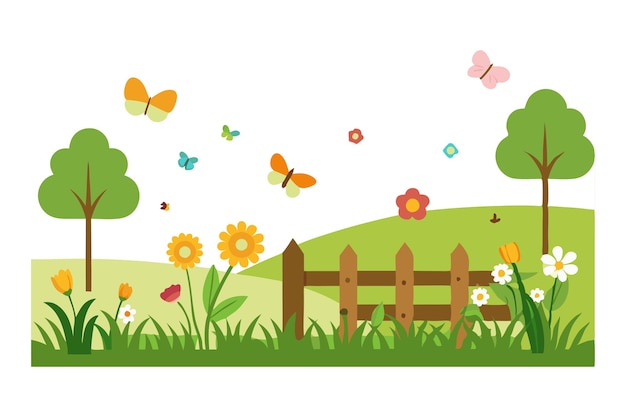 Vector spring scene with blooming flowers and butterflies