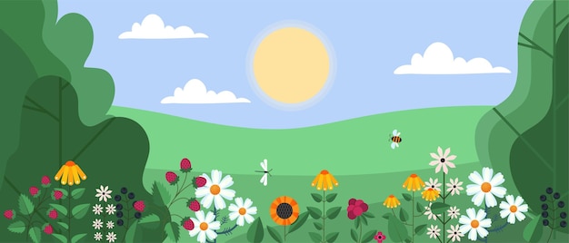 Spring and summer background beautiful landscape with trees leaves flowers and insects horizontal