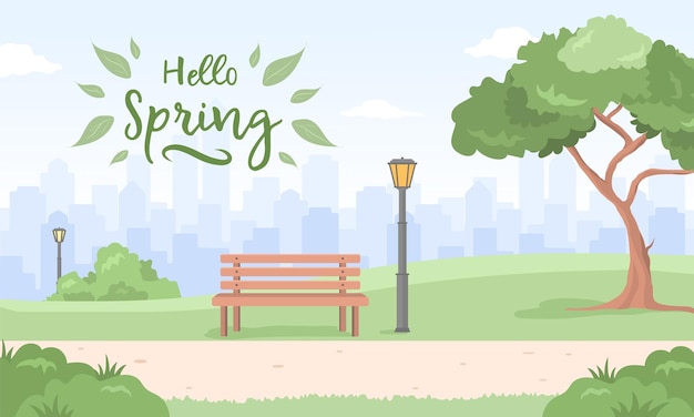 Spring urban landscape City park Vector illustration in flat cartoon style