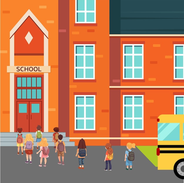 Vector square school background children go to school from a yellow bus school bus children back view