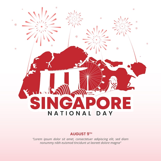 Vector square singapore national day background with a map and silhouette buildings