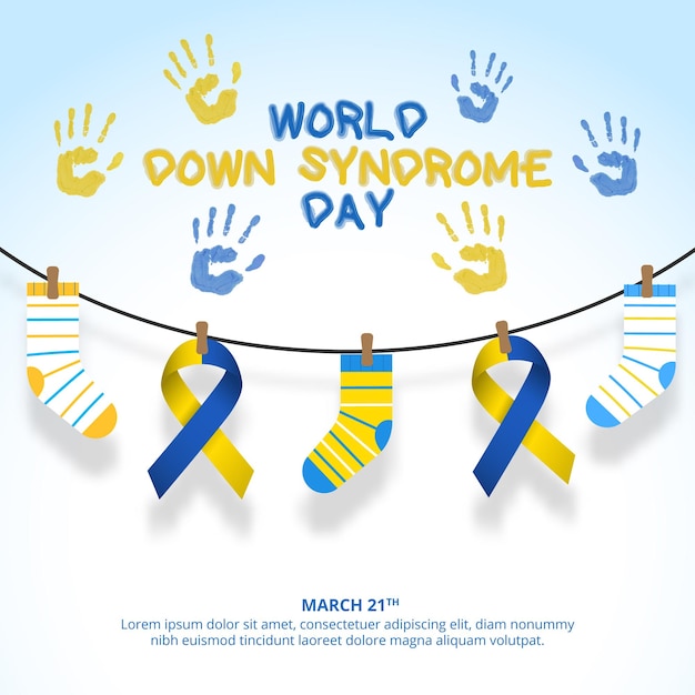 Vector square world down syndrome day background with ribbons and socks on a clothesline