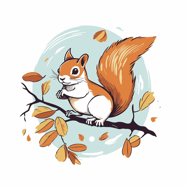 Vector squirrel on a branch with autumn leaves hand drawn vector illustration